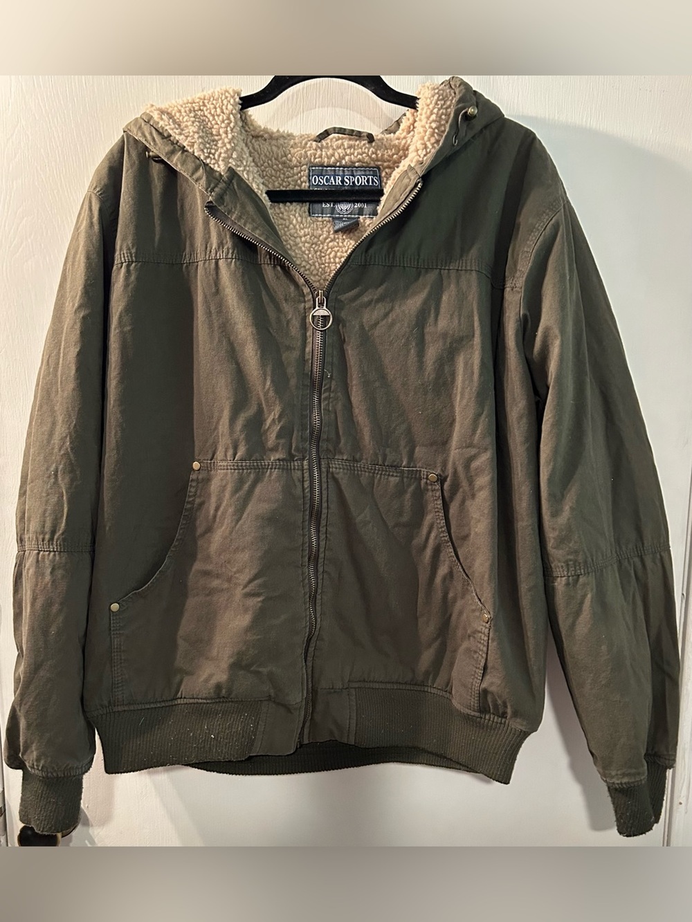 Oscar Sports Olive Green Sherpa-Lined Hoodie Jacket Size XL